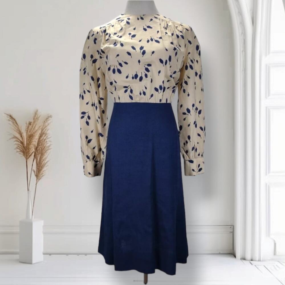 Vintage 70s Union Made Midi Dress Blue White Tulip Print A-Line Long Sleeve 8